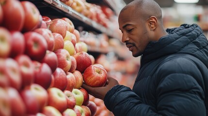 Fototapeta premium Authentic Organic Shopping Experience - African American Man Enjoying Fresh Apples in Cinematic Realistic Product Photography