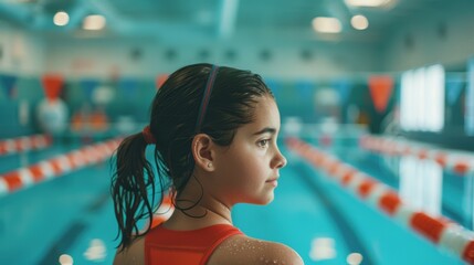 Young female swimmer preparing to dive at an indoor swimming pool with lane markers. Focus and determination in sports.