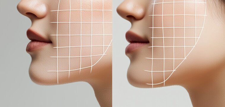 Before and after skincare comparison showing a womans smooth complexion with facial grid lines highlighting skin improvement and elasticity