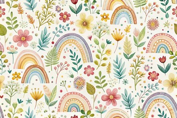 Fototapeta premium Cute Watercolor Rainbow and Ditsy Flower Seamless Pattern for Nursery Wallpaper