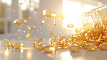Golden capsules spilling from a bottle onto a table, bright and natural light in the background, symbolizing supplements and wellness