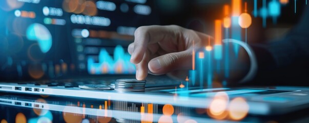 Fototapeta premium Financial analyst touching digital screen with market data analysis. Investment and economics concept.