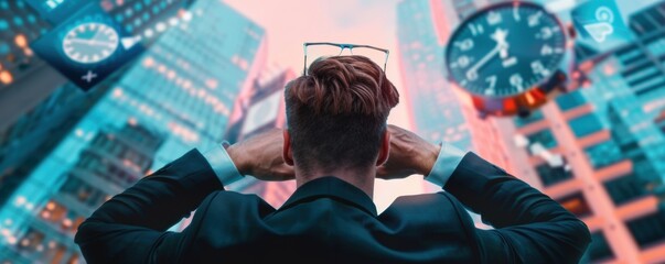 Businessman observing time and data overlays in futuristic cityscape