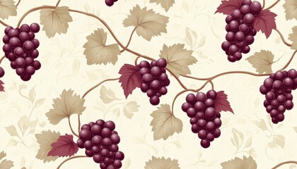 Fototapeta premium Seamless pattern of grapevines with leaves and clusters of grapes on a soft beige background, adding a vineyard-inspired feel