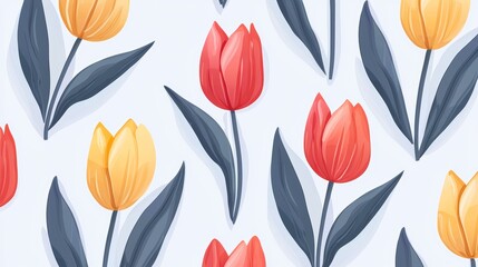 Fototapeta premium Seamless pattern of tulip flowers and leaves in soft pastel colors on a light gray background, perfect for a spring-themed design