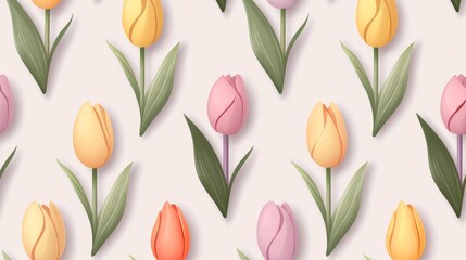 Obraz premium Seamless pattern of tulip flowers and leaves in soft pastel colors on a light gray background, perfect for a spring-themed design