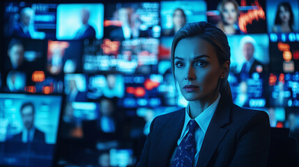 TV news anchors reporting live election results, intense expressions, studio with election graphics, screens showing numbers and candidate photos

