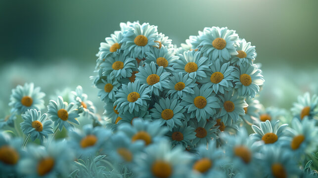 Heart shaped made of white daisies on a green background. Floral heart. Greeting card. Happy birthday. Mother's Day, Women's Day. Valentine's Day.