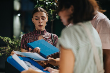 Fototapeta premium Focused young woman examines documents in an outdoor business setting. Capturing the essence of teamwork and professional collaboration in a relaxed environment.