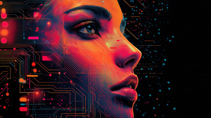 A colorful representation of facial features surrounded by technological elements like circuits and screens, illustrating the modernity of facial recognition technology, with copy