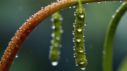 Naklejka premium Close-up of a green plant stem with raindrops on it.