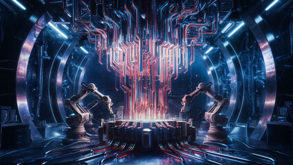 Futuristic Data Core: Robotic Arms and Digital Streams