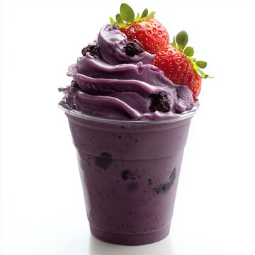 Copo de a&ccedil;a&iacute;, Frozen Acai Berry Ice Cream Smoothie in plastic cup with Strawberries, isolado cutout