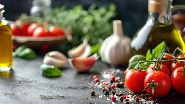 A beautiful display of fresh tomatoes, garlic, and herbs on a kitchen counter, complemented by oil bottles. A true feast of flavors.