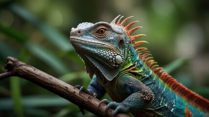 Obraz premium A vibrant green, blue, and orange iguana perched on a branch in a lush tropical setting.