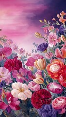 Watercolor background with many flowers