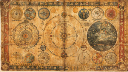 Ancient celestial map with intricate astronomical diagrams. Zodiac symbols, planetary orbits and constellations illustrated on aged parchment. Mystical charts blend science and astrology in wallpaper