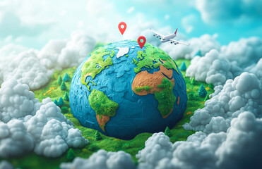 A 3D model of the Earth with a red dot on it and an airplane flying over it. The globe is green and the airplane is red. The airplane is positioned above the red dot.
