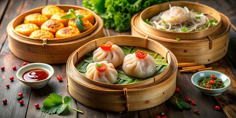 Fototapeta premium Delicious Shrimp Har Gow and Pork Siu Mai in a Steaming Basket - Authentic Dim Sum Experience