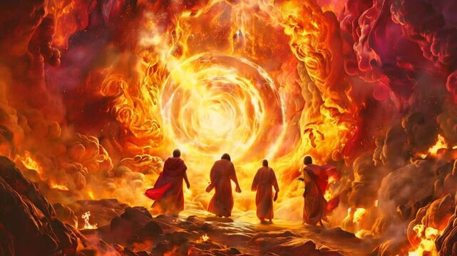 Shadrach, Meshach, and Abednego in the fiery furnace, depicted within a swirling nebula, highlighting their faith amidst trials, with copy space