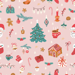 Christmas elements seamless pattern. Vintage Christmas decoration, fir tree, Santa, ginger bread and ugly sweater on pink background. Cozy winter wallpaper.