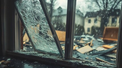 a broken and damaged window destroyed by hurricane 