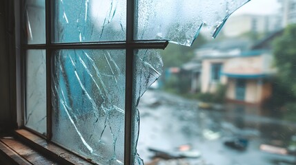 A close-up of a broken window damaged from hurricane 