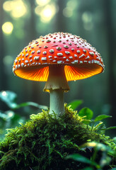 A red mushroom with white spots is sitting on a mossy patch of ground. The mushroom is surrounded by green leaves and grass, creating a peaceful and natural scene.