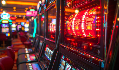 A casino with multiple slot machines, one of which has a red number 7 on it. The casino is brightly lit and has a lively atmosphere.