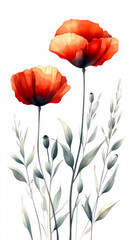 Fototapeta premium Two red flowers with green leaves. The flowers are in the foreground and the leaves are in the background.