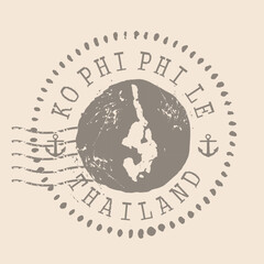 Stamp Postal of Ko Phi Phi Le. Map Silhouette rubber Seal.  Design Retro Travel. Seal  Map Ko Phi Phi Leh grunge  for your design.  Thailand. EPS10