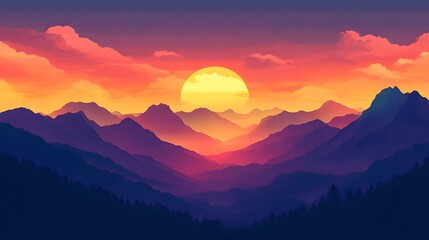 A sunset scene with silhouetted mountains and colorful, dramatic clouds