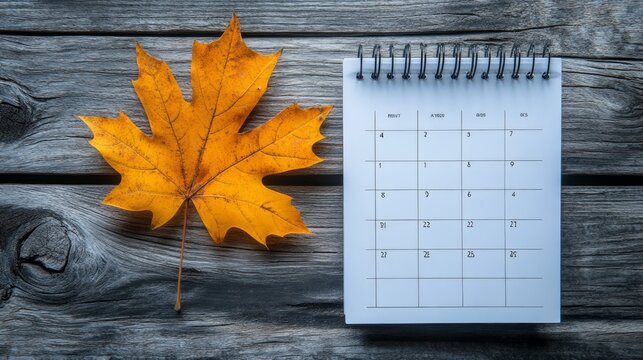 A single yellow maple leaf lies next to a blank calendar on a rustic wooden table.