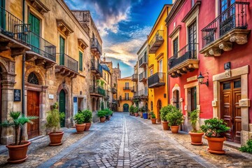 Fototapeta premium Discover the allure of a traditional Sicilian street in Trapani, Italy, where historic architecture meets a vibrant atmosphere, creating an