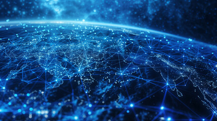 Global network visualization with interconnected nodes over Earth's surface, representing worldwide digital connectivity with blue lines for the background of a banner or wallpaper