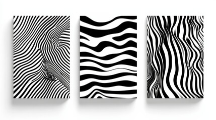 Set of 3 frame wall art with abstract black and white patterns, perfect for use in graphics