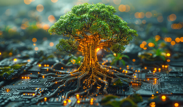 A tree with roots growing out of a computer chip. The image has a futuristic and technological feel to it.