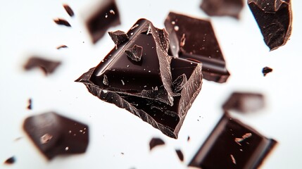 pieces of dark chocolate falling close up on a white background