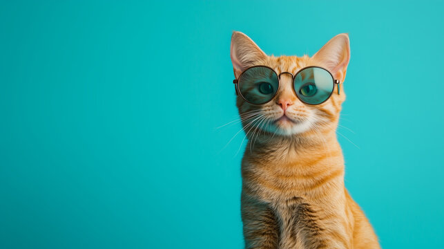 Stylish ginger cat with round sunglasses against blue background
