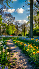 The Enchanting Beauty of Spring – A Pathway Fringed With Lush Blooms Under a Canopied Sky