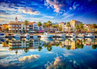 Fototapeta premium Double Exposure of Cambrils Seafront with Boats and Mediterranean Sky in Tarragona, Catalonia