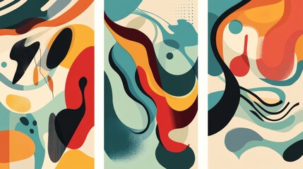 Set of three  frame wall art geometric shapes in irregular block colors, designed in a vintage style.  