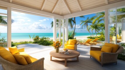 Obraz premium A bright, airy patio with wicker furniture and yellow cushions overlooks a tropical beach with blue water and palm trees.