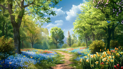 The Enchanting Beauty of Spring – A Pathway Fringed With Lush Blooms Under a Canopied Sky