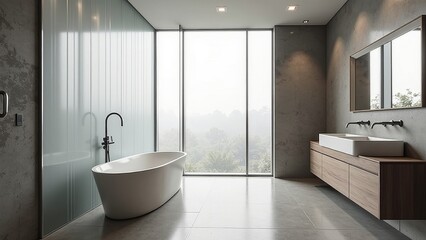 Generative, AI, A modern bathroom with a freestanding bathtub, large window, and wooden vanity with double sinks, creating a minimalist and serene atmosphere ,cinematic