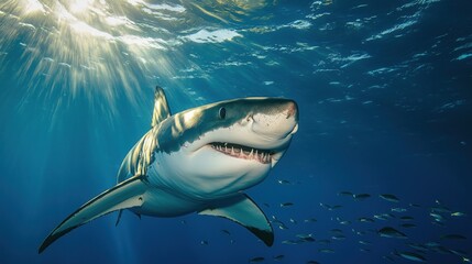 Obraz premium Great white shark in deep blue ocean