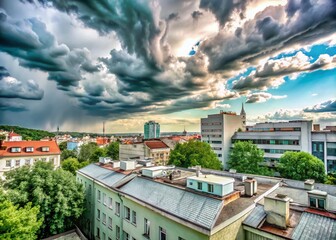 Fototapeta premium Dramatic Urban Sky with Sunlight Breaking Through Clouds – Urban Exploration Photography