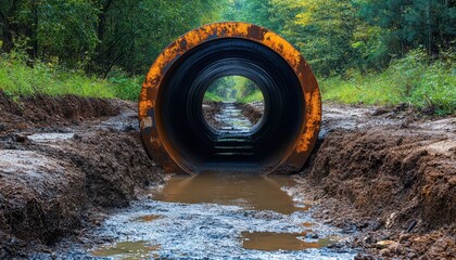 Underground sewer pipes managing wastewater flow in a natural setting