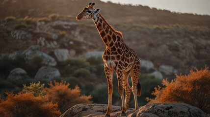 Obraz premium A giraffe stands on a rocky hill in the golden light of sunset.