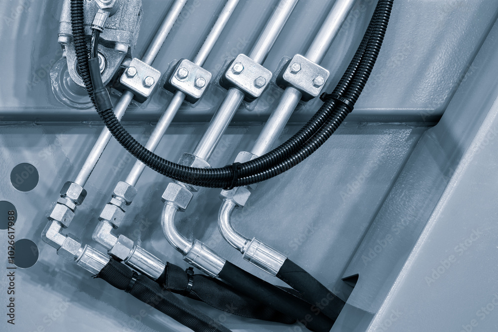 Poster machine hydraulic or pneumatic with pipes in a row connected to each other. pipes black and silver. 